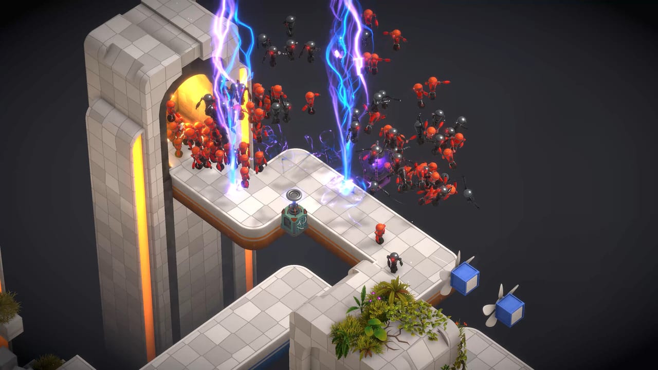 Tesla tower zapping orange and black robots off a floating Tower Lab platform