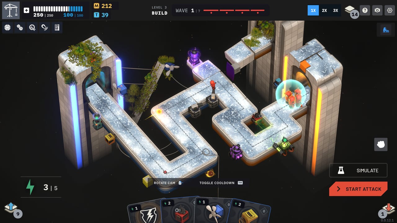 Build-phase view of a Tower Lab map with placed towers, energy, and a card hand